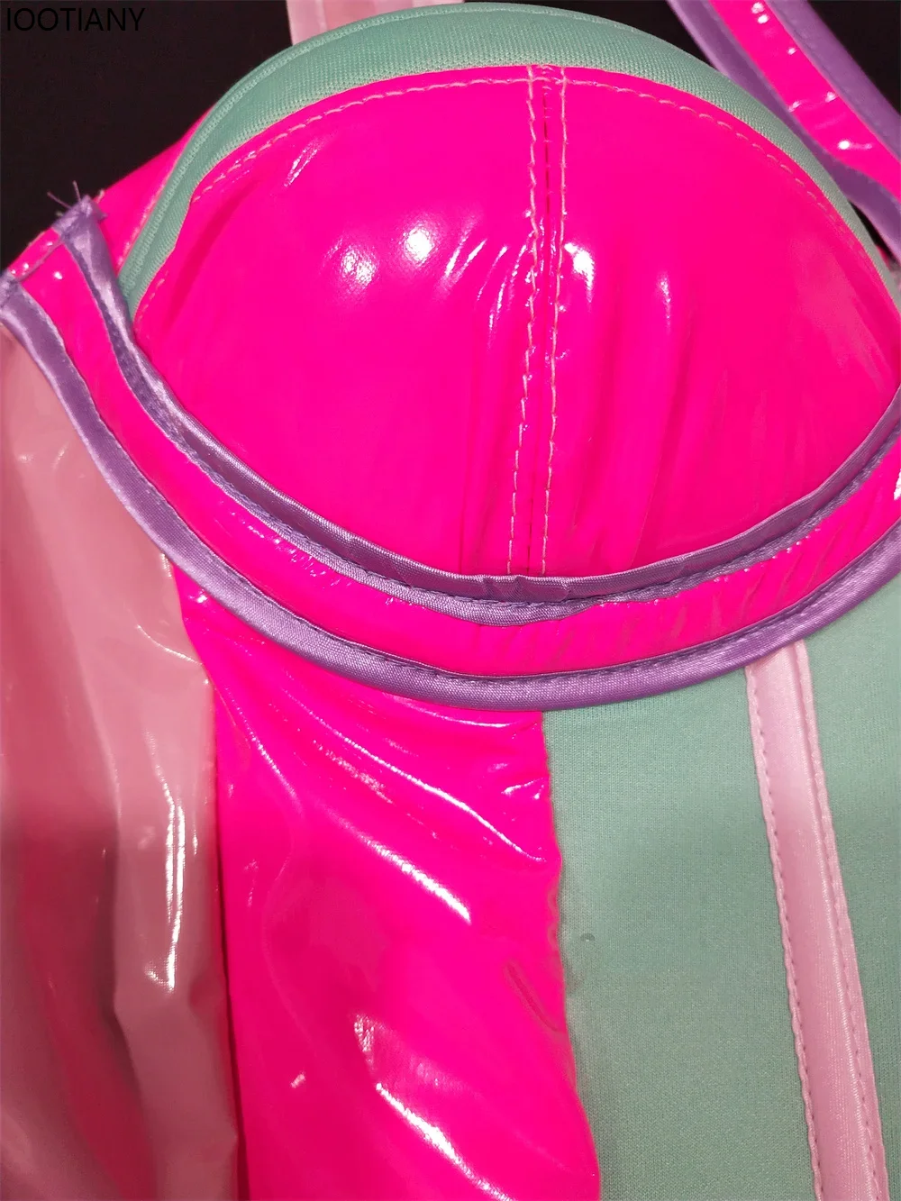 Pink Green Splicing Color Bodysuit Bubble Sleeve Top Drag Queen Dance Costume Nightclub Bar Women Singer Performance Rave Outfit