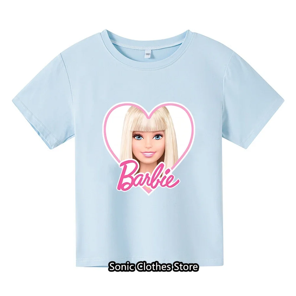 Kawaii Barbie Short Sleeve Summer Anime Cartoon Boys Girls Soft Round Neck T Shirts Oversized Fashion Y2K White Tees Tops Gifts