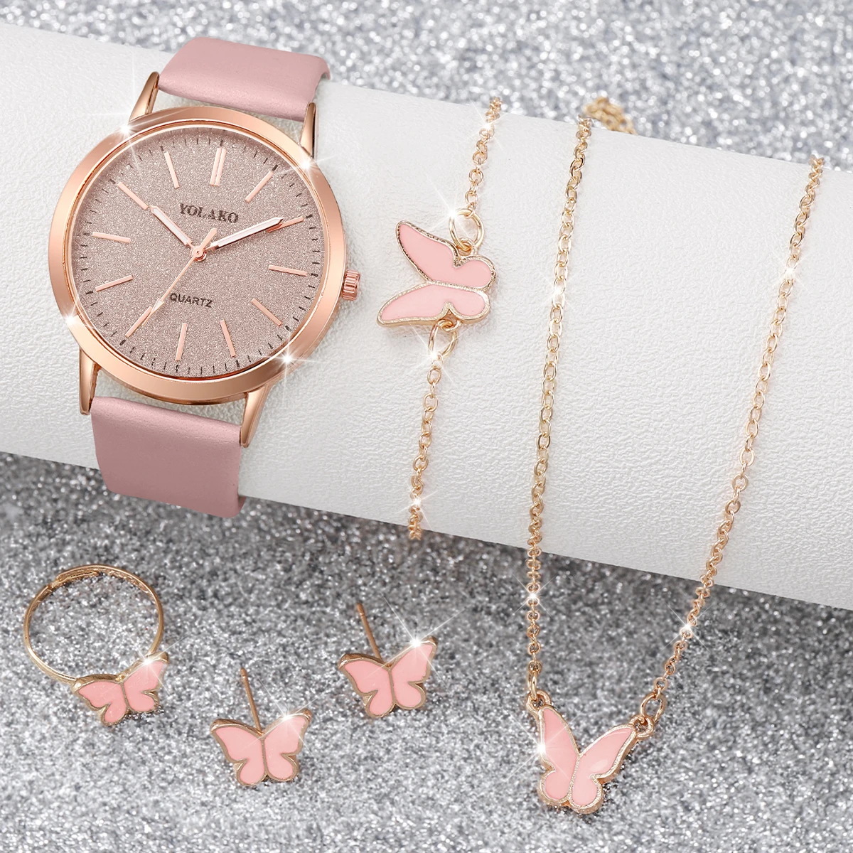 ساعة يد نسائية من الكوارتز بسماء مرصعة بالنجم ، طقم مجوهرات فراشة ، سوار جلدي ، ساعات نسائية ، بدون صندوق ، موضة ، 5 من كل مجموعة