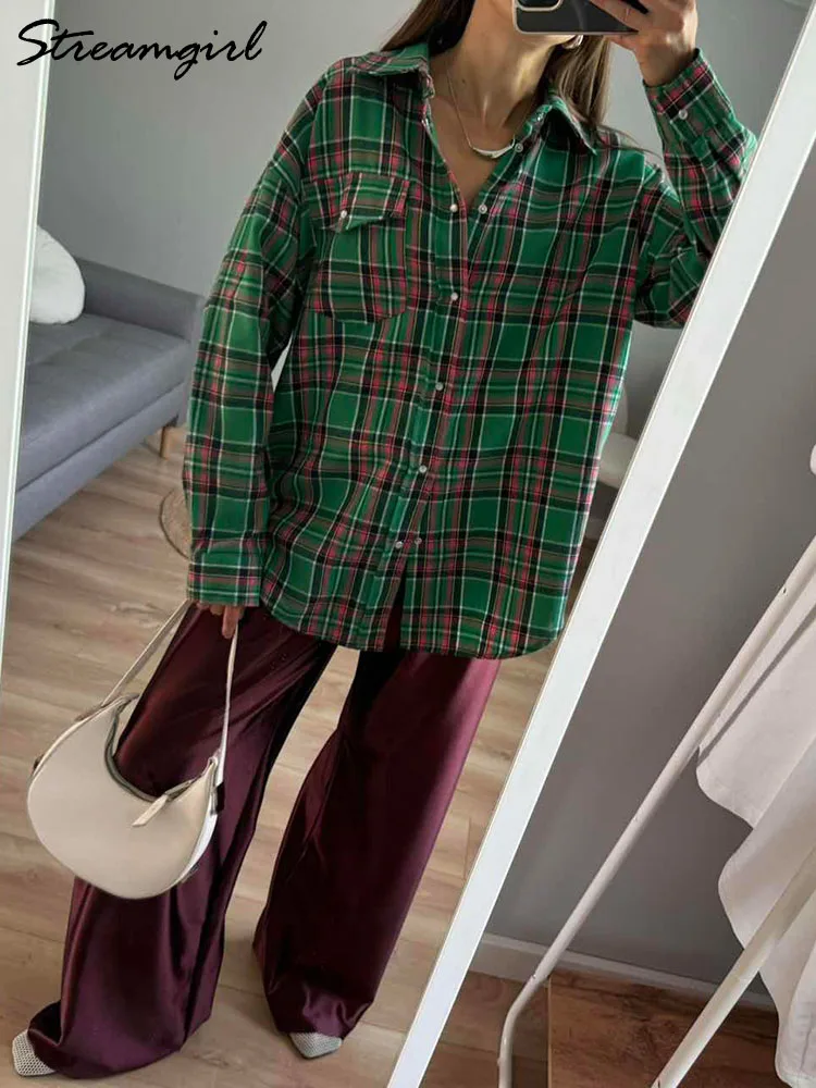 Casual Oversized Plaid Shirt Autumn Winter Women Vintage Loose Blouses Plaid Tops Women Oversize Shirts With Pockets Ladies 2024