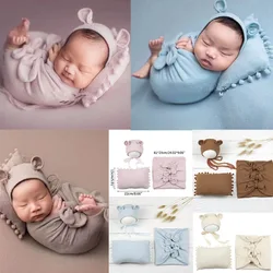 Baby Photo Shooting Outfits Simple Solid Color Mouse Cap+ Elasticity Swaddlings+Posing Pillows 3pcs/set Infant Photography Props