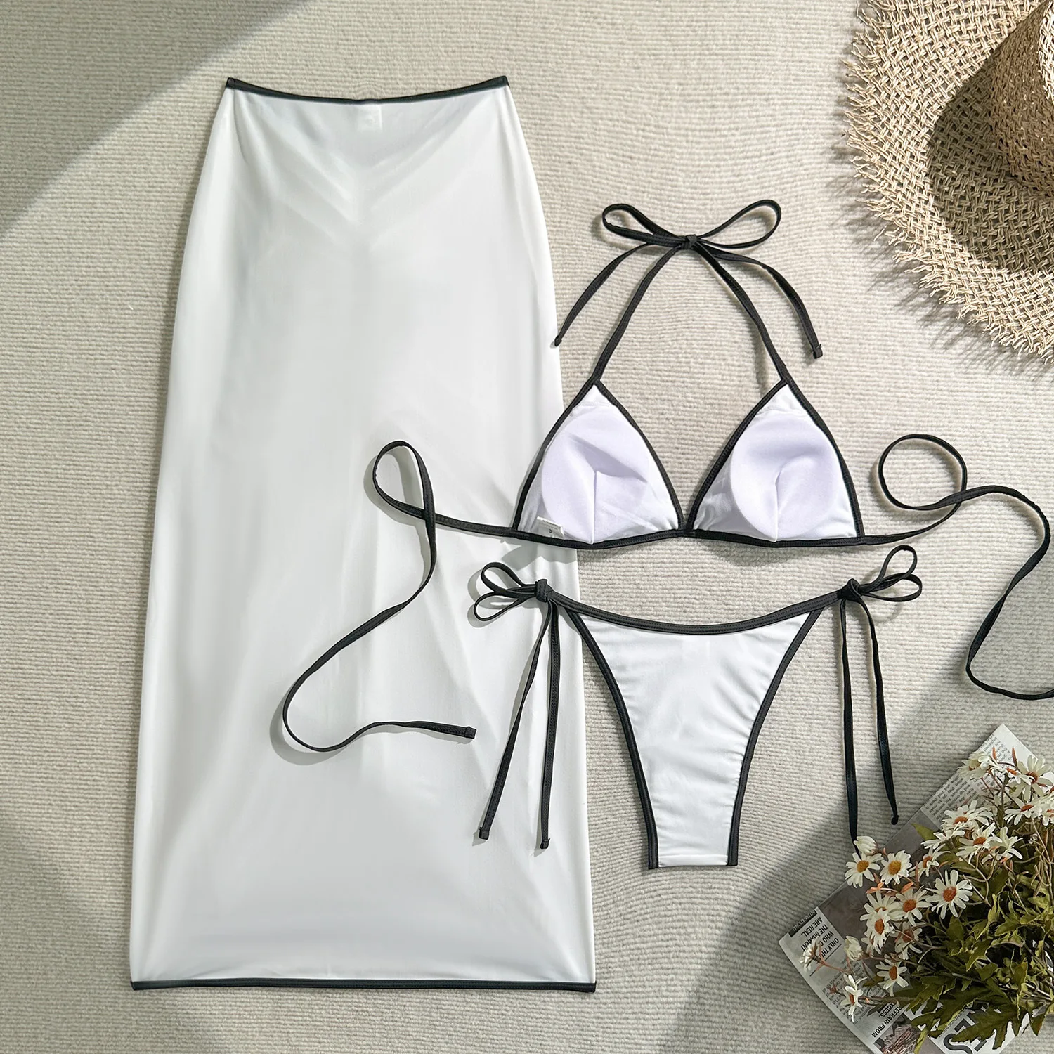 Conjuntos de microbikini de retales para mujer, traje de baño de tres piezas con volantes y falda larga dividida, trajes de baño para playa, bikini tankini