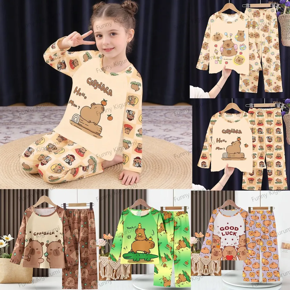 Boys Girls Capibara Clothing Sets Kids Cartoon Pyjamas Children 3 to 14 Years Loungewear Toddler Long Sleeve Sleepwear Nightwear