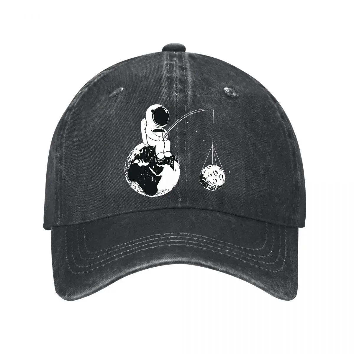 Gorra de Béisbol de Algodón Lavado Estilo Vintage con Diseño de Astronauta Pesca Luna Tierra en Blanco y Negro, Sombrero de Sol Hip Hop