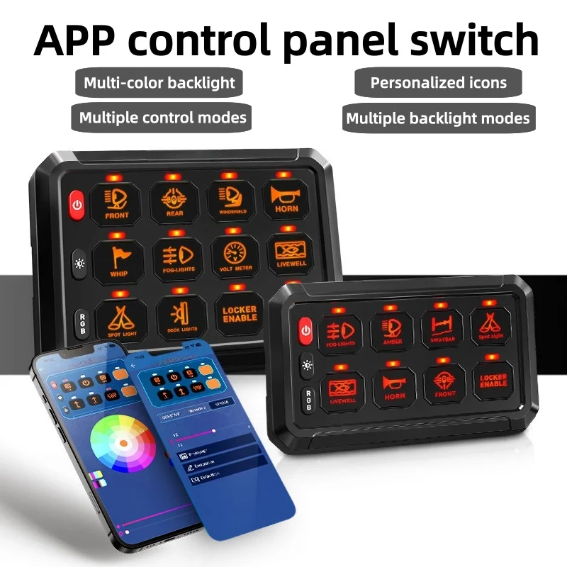 

8/12 Gang Switch Panel APP Control Up To 15m LED Spotlight Control System Car Modification Colors Adjustable Brightness 12-24V