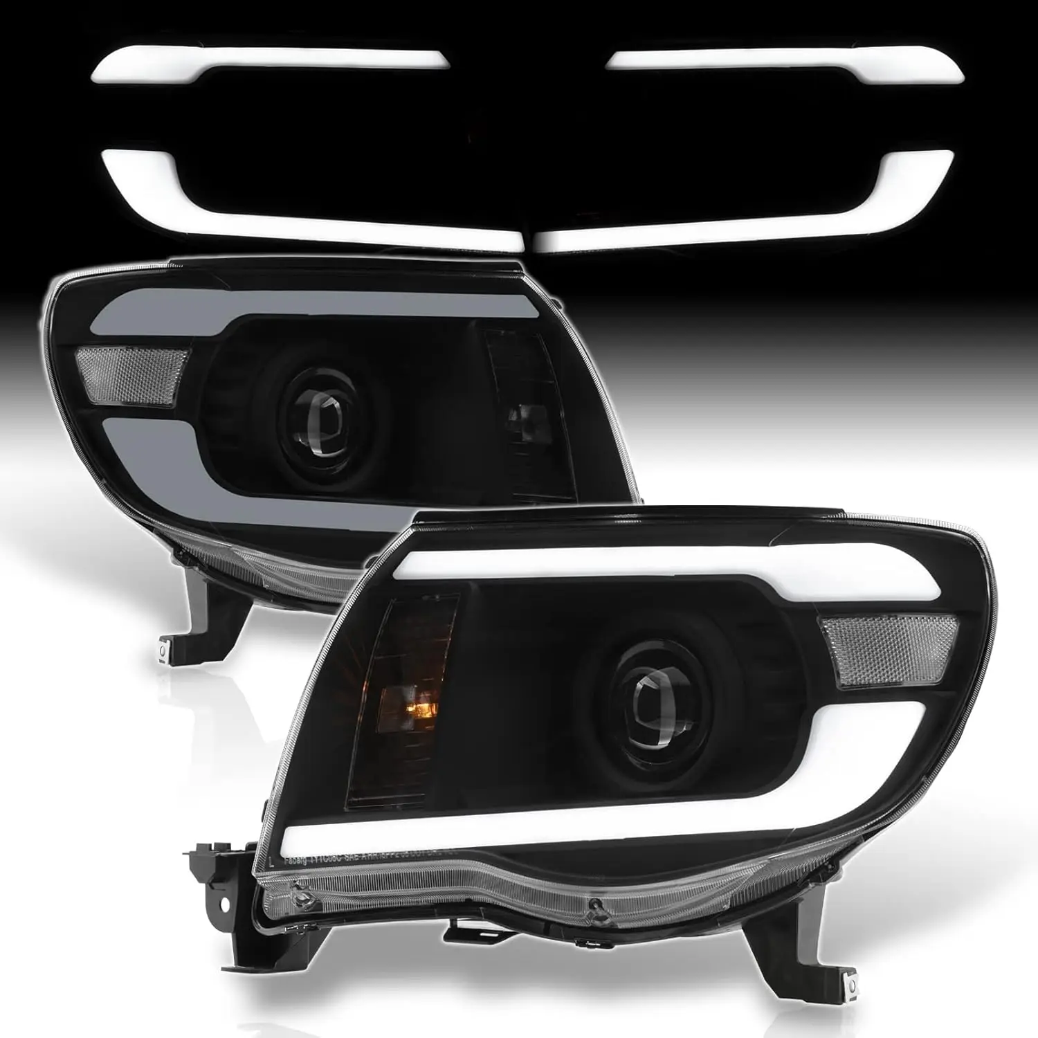 LED DRL Projector Headlights with Clear Corner and Bumper Signal Lamps - Black Housing - Pair of Headlight Assemblies Compatible