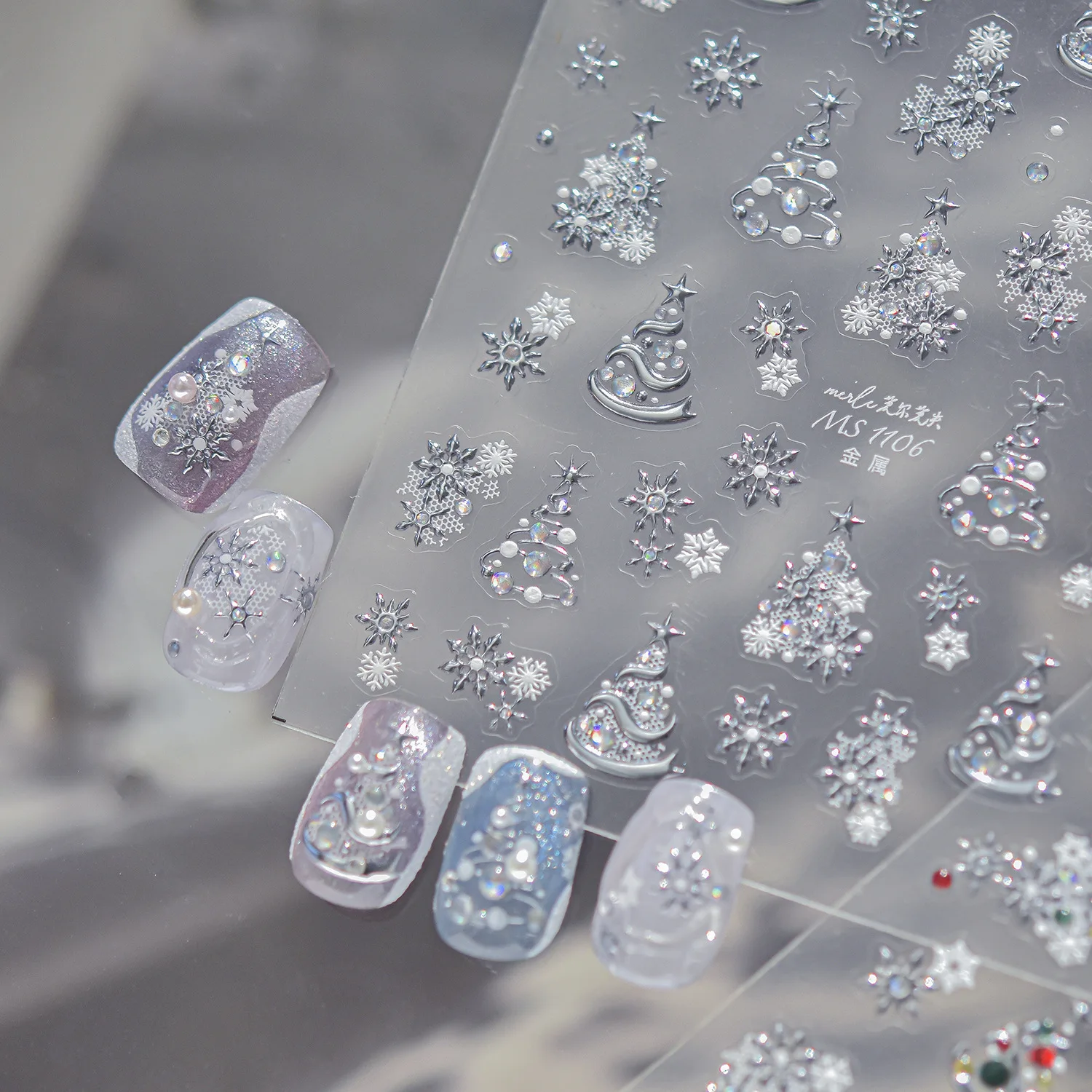 Christmas 5D Nail Stickers Christmas Tree Hollow Multi‑Layer Snowflake Starburst Silver Hot Stamping Ice Snow Decals Manicure