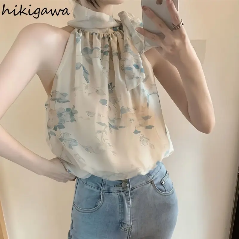 Sleeveless Floral Women Shirts 2024 Blusas Mujer De Moda Bandage Bow Vintage Blouses Loose Summer Chiffon Fashion Blouse Tops