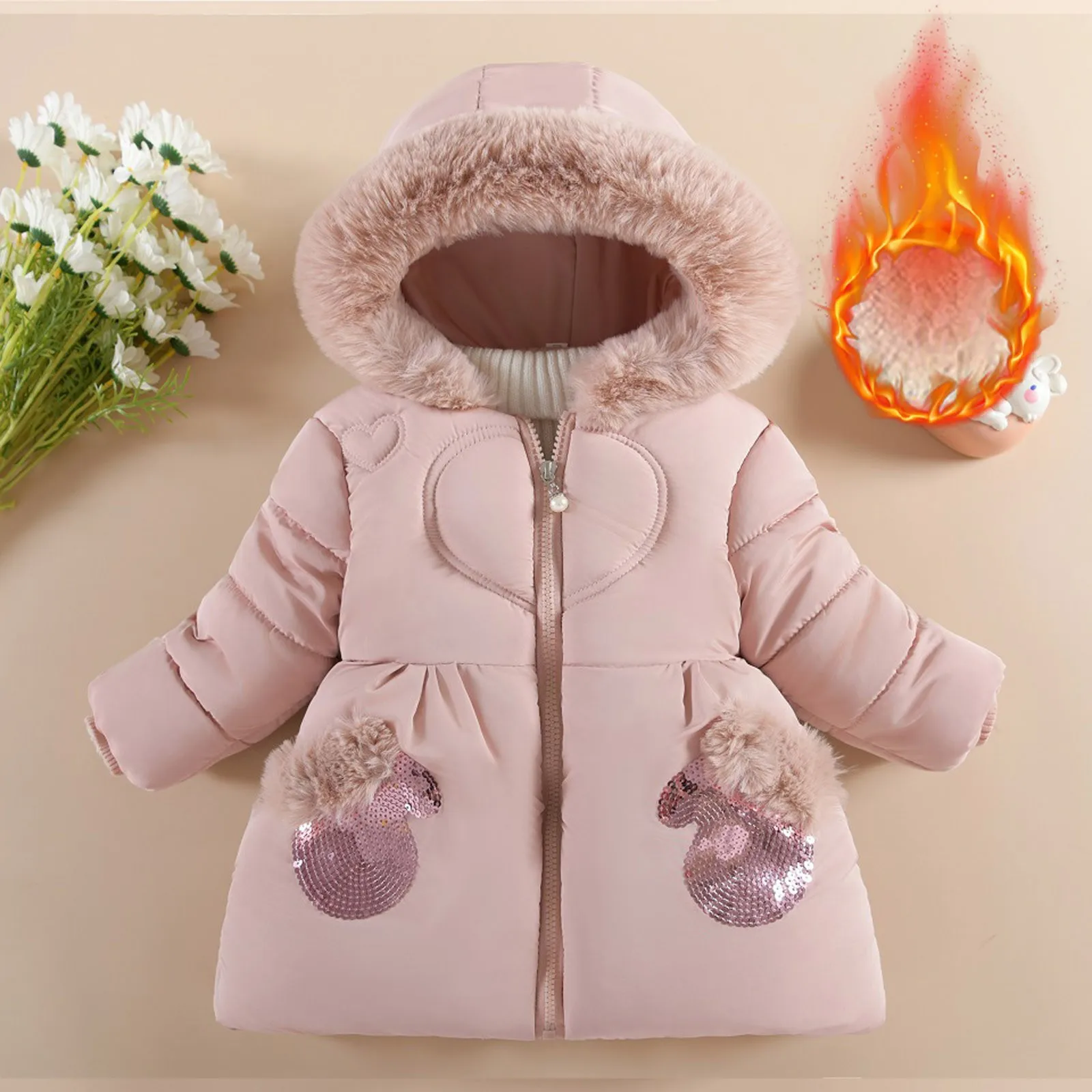 Baby Kids Down Cotton Coat Thick Warm Toddlers Winter Jacket with Fur Hoodie Girls Quilted Jacket Flowers Children's Puffer Coat