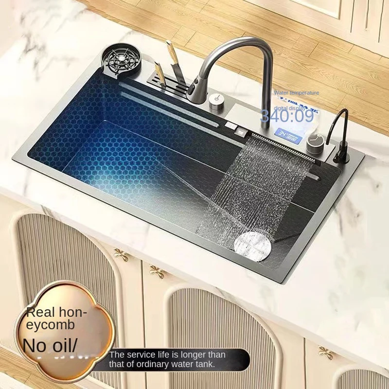 Mutfak lavabo büyük tek Slot paslanmaz çelik şelale lavabo dijital ekran ev kabartmalı yıkama havzası mutfak eşyaları