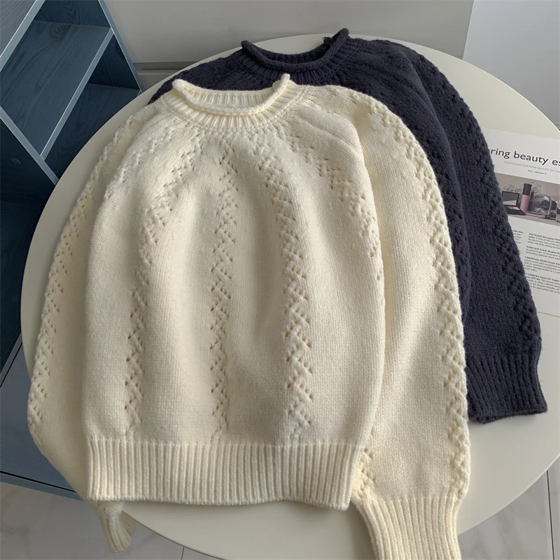 

Высококачественный корейский мягкий полый свитер с цветочным крючком, пуловеры для женщин, осенне-зимняя мода, свободные толстые базовые топы с круглым вырезом, женские