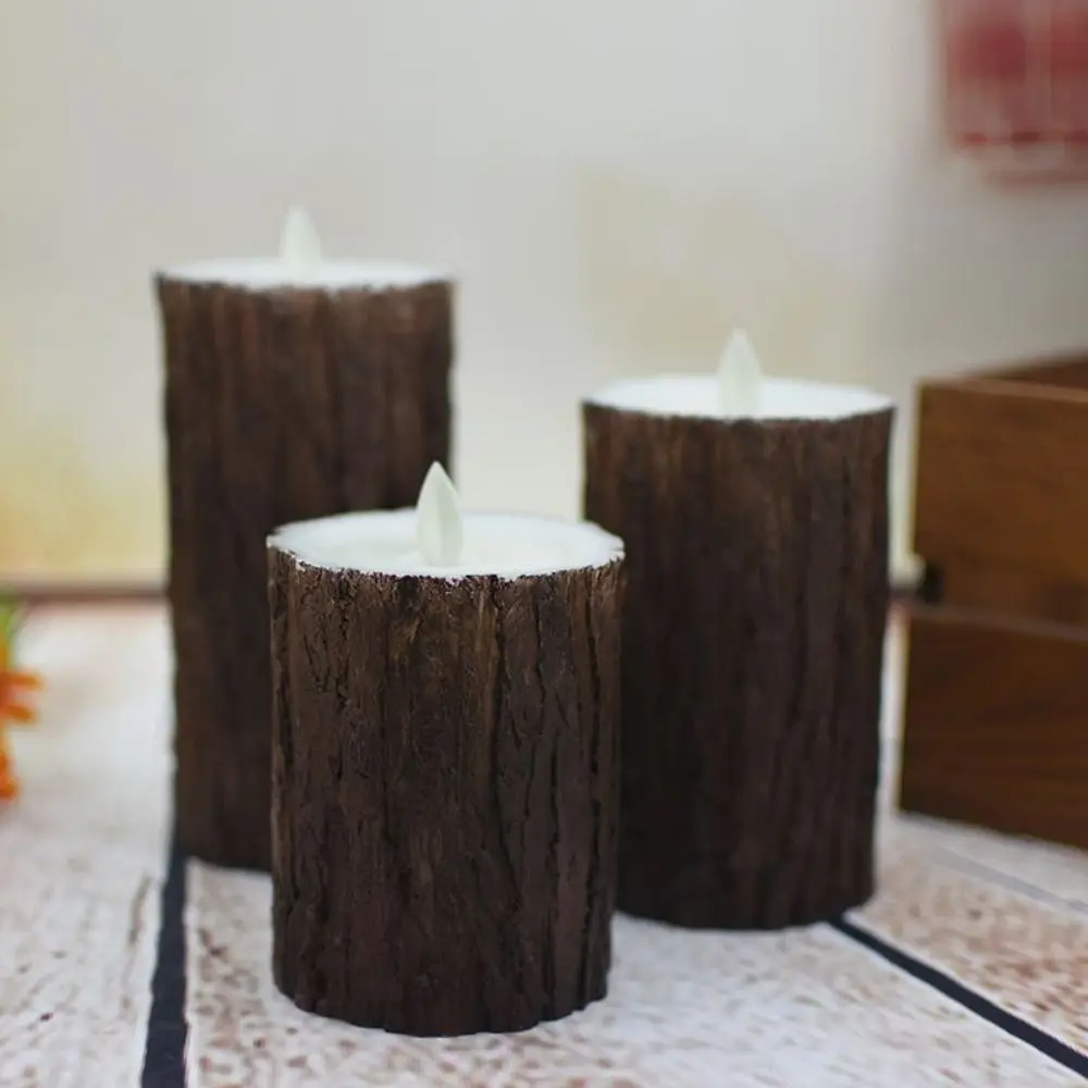 Battery Operated Flameless Pillar Candles Cycling 24 Hours Timer Flickering LED Pine Bark Swing Candles Pine Bark Effect