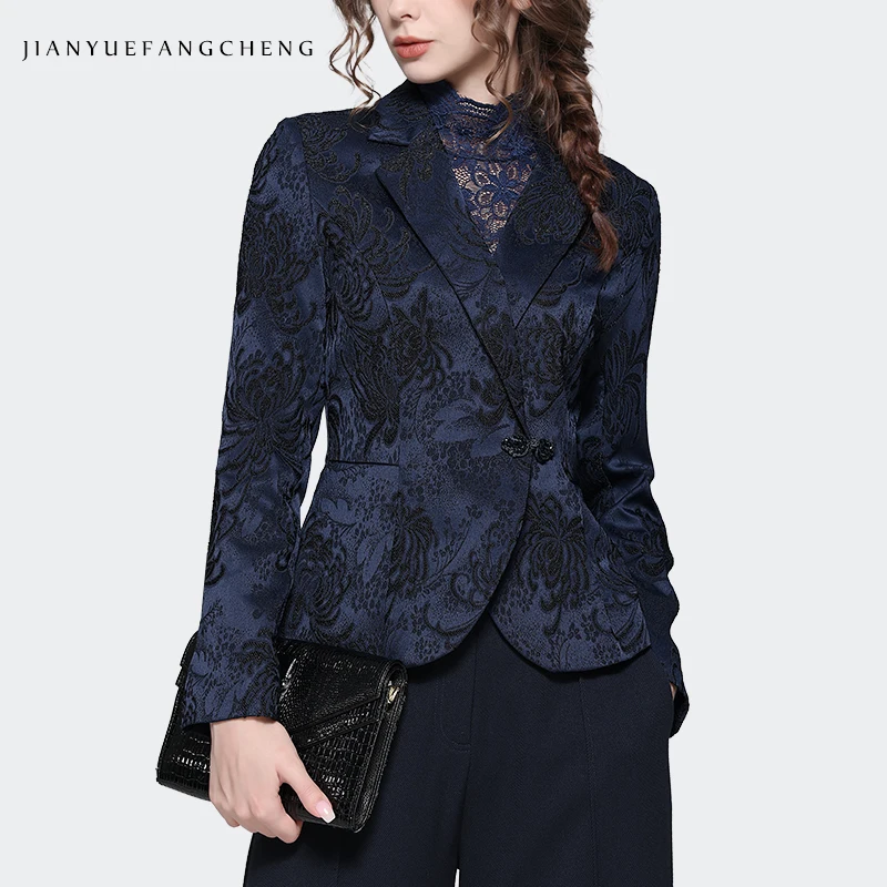 Elegant Suit Collar Women' Dark Blue Jacquard Blazer Elegant Slim Short Female Autumn Winter Coat Jacket Office Ladies Tops