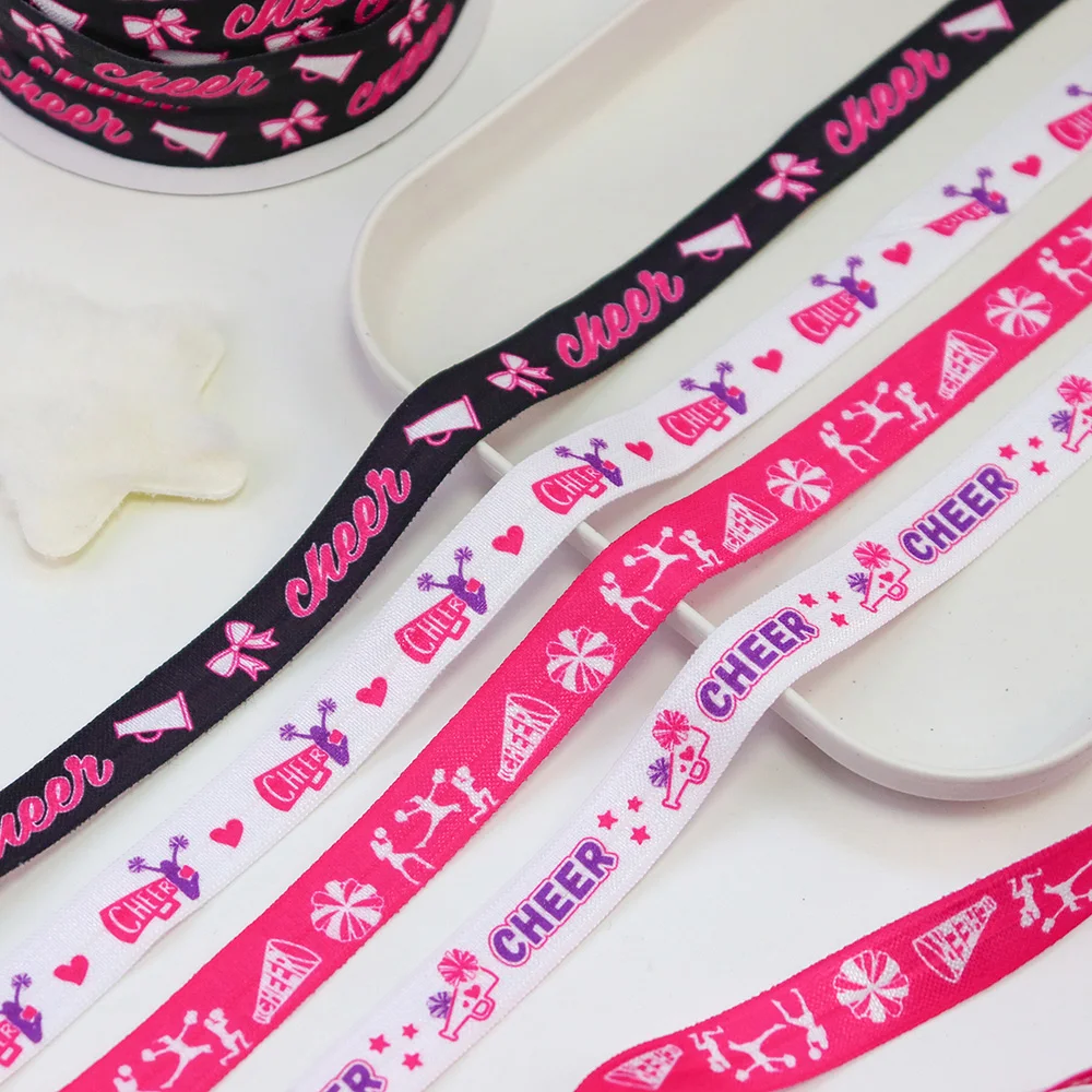 5/8'' 15mm Cheer Print Shiny FOE Fold Over Elastic Spandex Satin Band Hair Tie Headband Dress Sewing Lace Trim