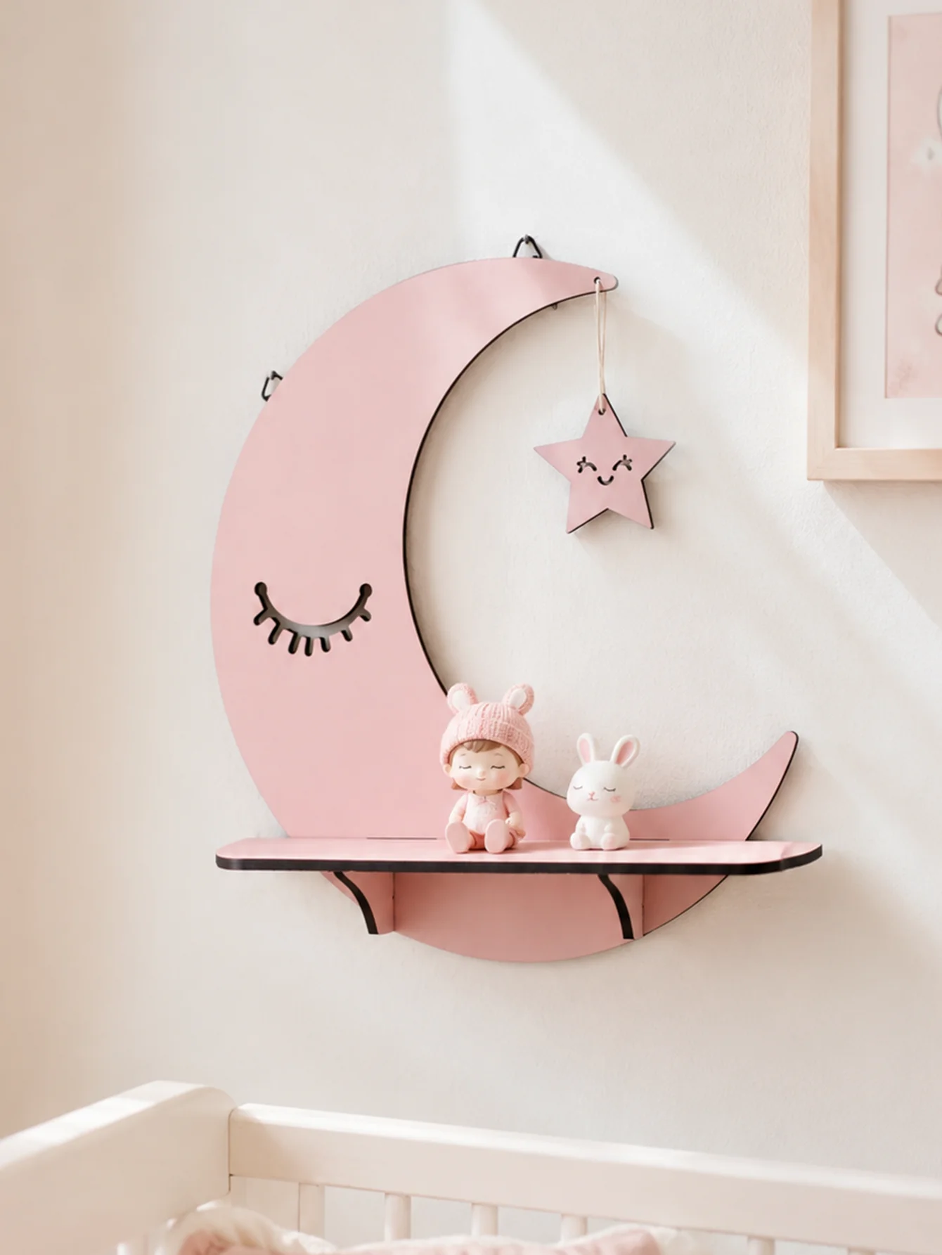 Cute Crescent Moon Shaped Wall Shelf with Hanging Star Pink Wall Mount Display Storage Rack Aesthetic Nursery Bedroom Wall Decor