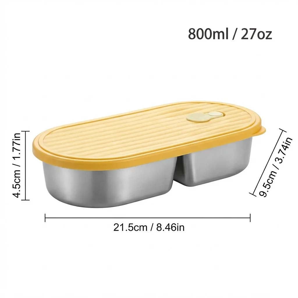 800ml 2-delige draagbare bento lunchbox voor kinderen en studenten, duurzaam, magnetronbestendig, 304 roestvrij staal, verdeeld fruit- en voedselcontainer