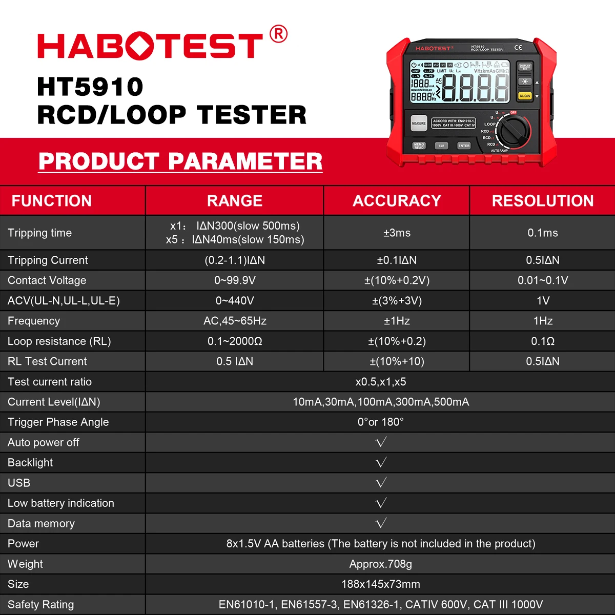 HABOTEST HT5910 Leakage Switch Tester LCD Digital Resistance Meter RCD/Loop Tester 1000 Data Storage Voltmeter Megohmmeter