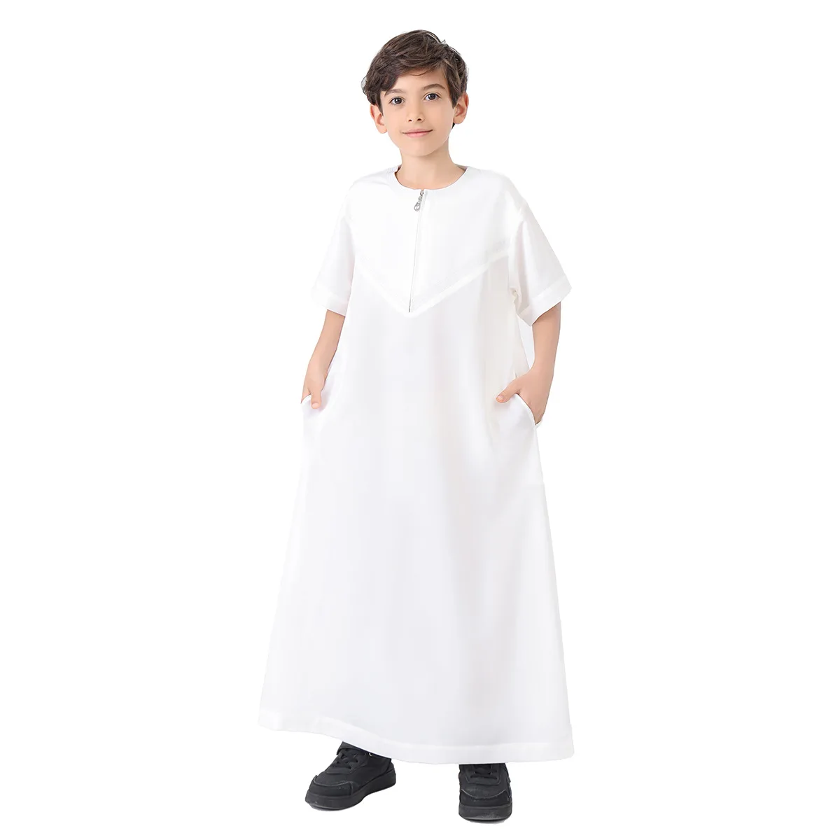 Boys Muslim Robes Islamic Middle East Saudi Arabia Solid Color Long Sleeve Pockets Stitching Phnom Penh Round Neck Robes