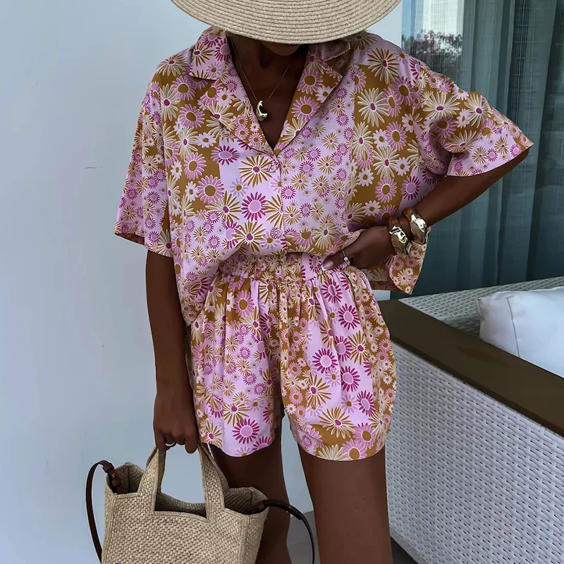 Fashion Bohemian Holiday Women Two Piece Set Pattern Printed Loose Summer Outfits Ladies Lapel Button Shirt + Shorts Beach Suit