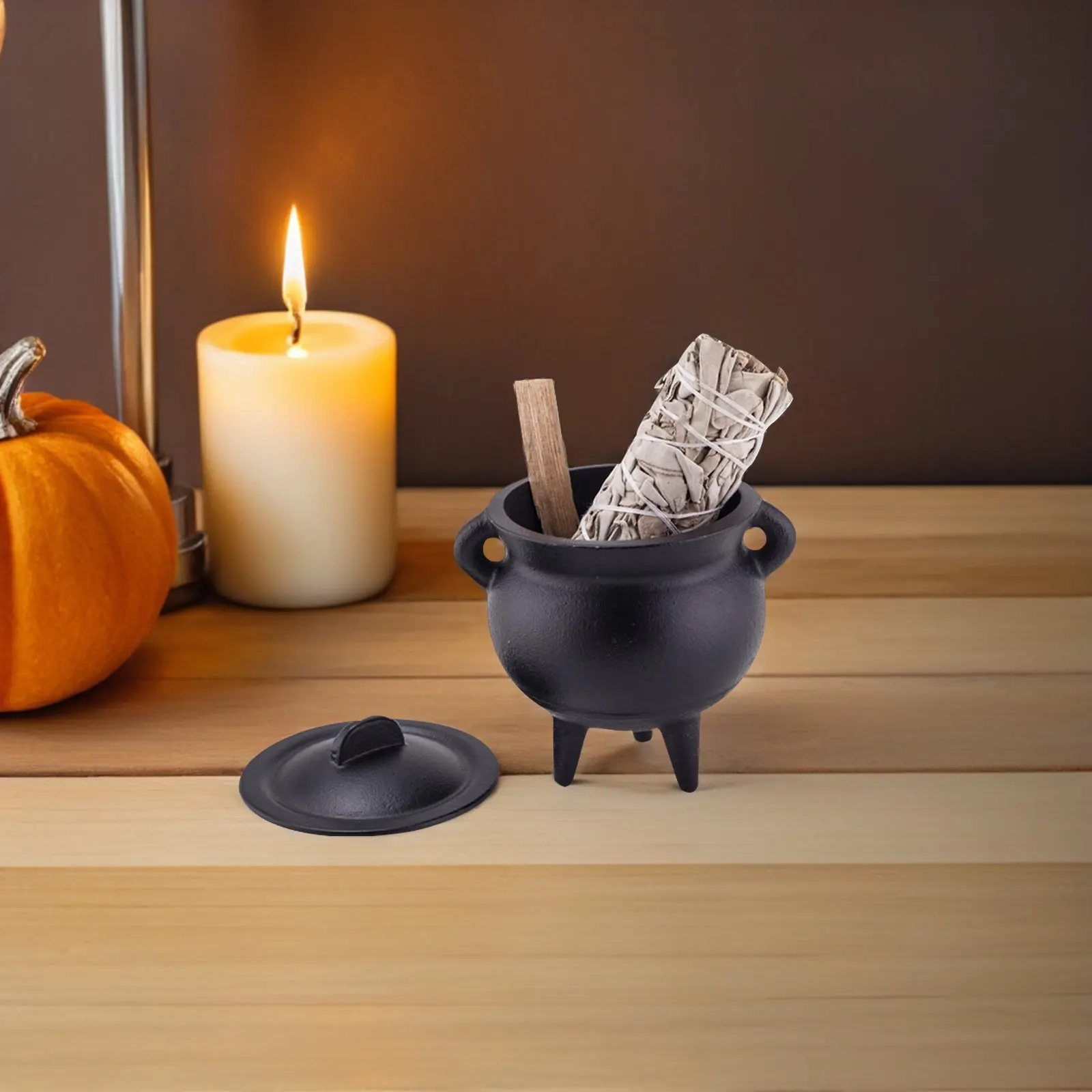 Incensário de Ferro Fundido Pequeno Caldeirão Preto com Acabamento Liso e Tampa para Sálvia, Palo Santo e Resina - Decoração Bruxa Halloween