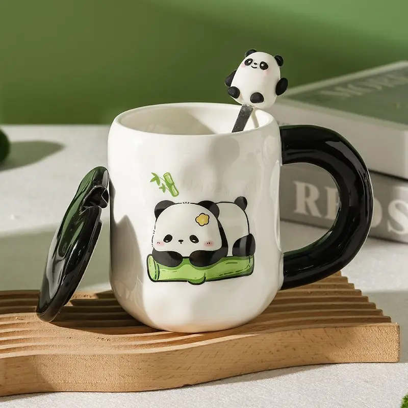 400ml Cartoon Panda Ceramic Cup Lid Spoon Coffee Cup Milk Tea Mug Breakfast Cups Beverage Creative Birthday Gift