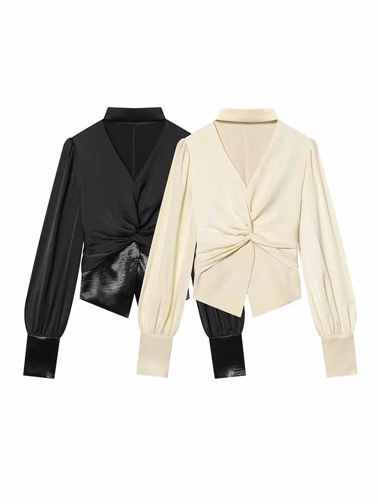 

HH женская весенняя модная элегантная рубашка с длинными рукавами и v-образным вырезом, затягивающая талию, украшенная рубашка, женские универсальные топы