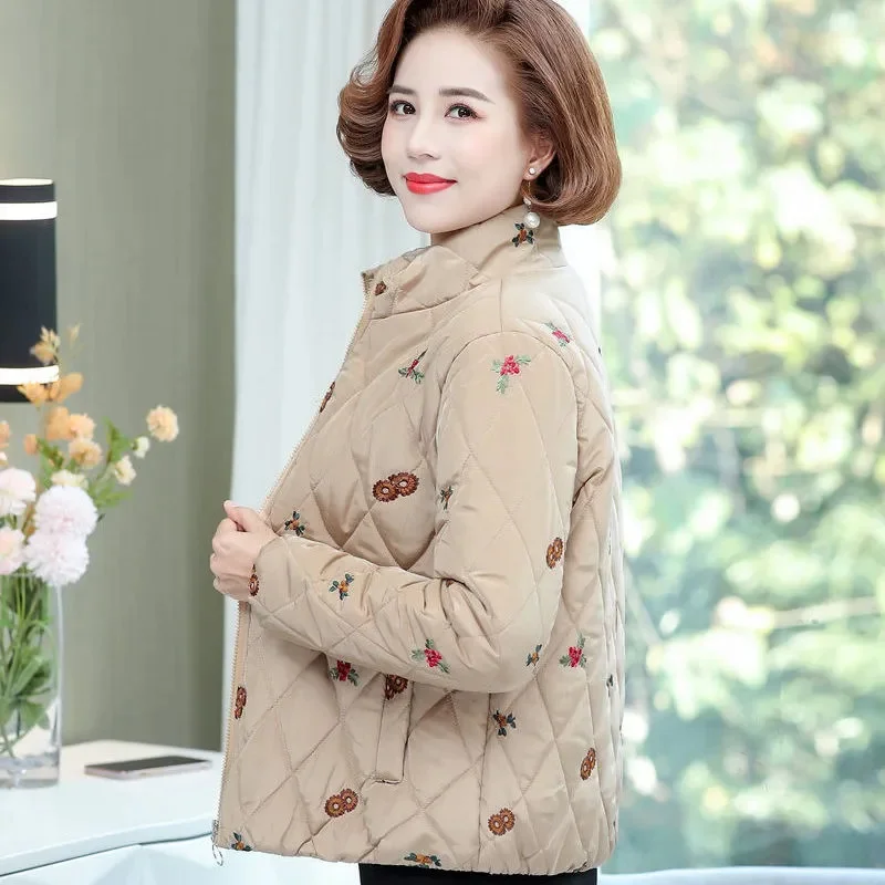 Autumn Winter Cotton Jacket Women New Loose Fur Stand-Up Collar Printing Coat  Outerwear Fashion Pocket Warm Overcoat Female