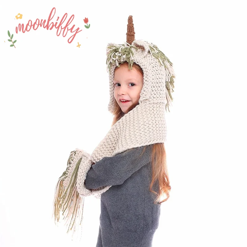 Winter Kids Crochet Cartoon Unicorn Winter Hat with Scarf Pocket Hooded Knitting Beanie Cosplay Photography for Boy Girl