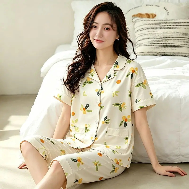 Women's Pajama Set Short Sleeve Capri Pants Summer Sleepwear Soft Comfy Button Down Lapel Fruit Print 2 Piece Loungewear Pyjama