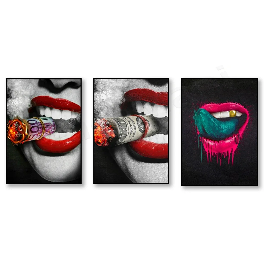 

Smoking woman poster, red lips money cigar canvas unique design wall art print, lady lips, smoking woman room decor,