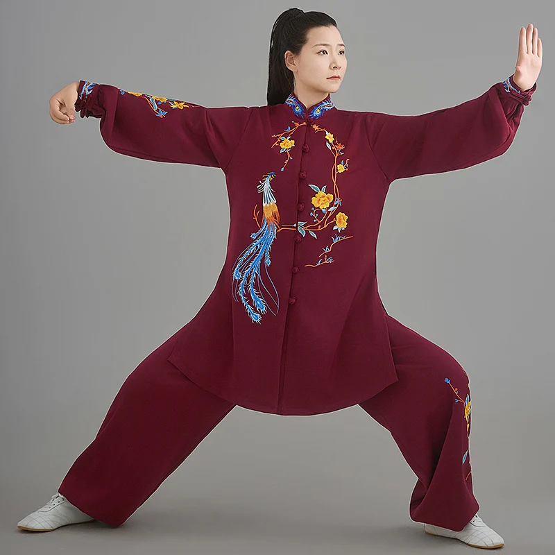 Thickened Embroidered Tai Chi Suit Women Autumn Winter Performance Morning Practice Phoenix Slim Fit Medium Long Set Design