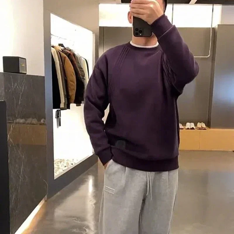 

LIBIELIY Korean Fashion Trend Autumn Winter Men O-Neck Solid Patchwork Screw Thread High Street Label Long Sleeve Loose Sweatshi
