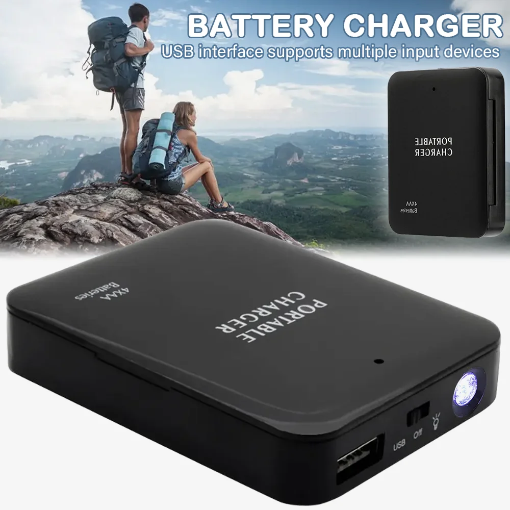 

Pocket Battery Power Bank Case 4 AA Portable Charger with LED Light Outdoor Emergency USB Mobile Power Supply Camping Hiking