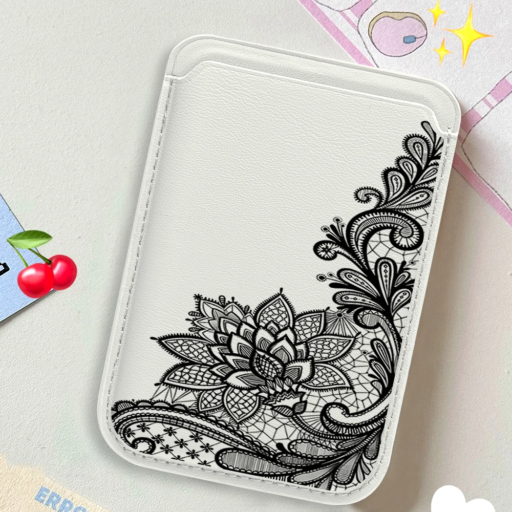 

Leather Card Wallet Cover Phone Card Holder Magnetic Case Suitable For all iPhone for Magsafe Card Lace Flowers Phone Back Bag