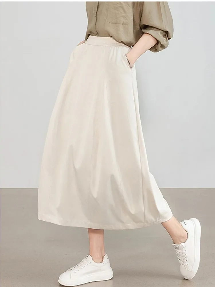 Femmes kaki élégant taille haute a-ligne jupes mi-longues été bureau quotidien mode coréenne décontracté bulle jupe femme noir 2025 nouveau