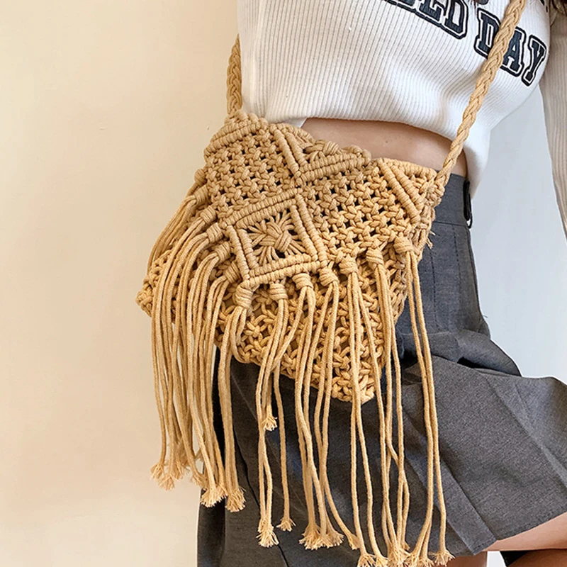 Neue Strohs ack böhmische Quaste Strand tasche Frauen häkeln Fransen Cross body ultraleichte Umhängetasche Frauen kleine Bolsos Feminina – Detail 13