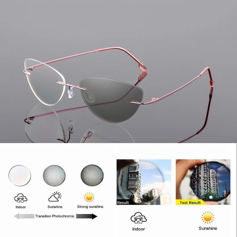 Randlose Memory Titan Legierung Photochrome Lesebrille Frauen Cat Eye Rezept Presbyopie Brillen Klare Verfärben Gläser – Detail 12