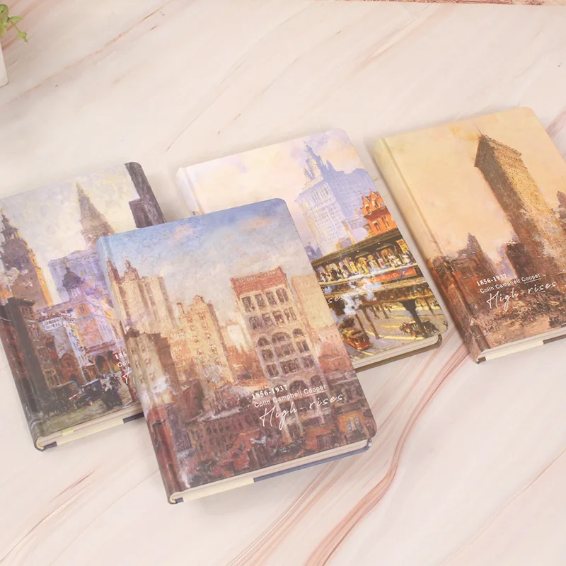 A5 Color-Page Hardcover Notebook, City Illustration Notebook, Retro Diary, 256 Pages Journal
