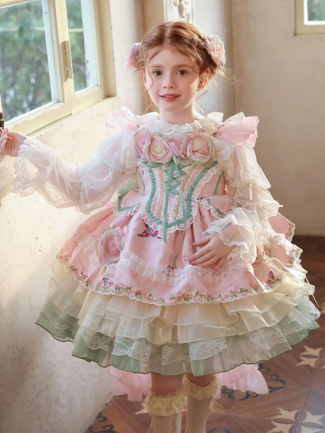 Baby Girl Spring Pink Sweet Cute Floral Lolita Lace Princess Gauze Ball Gown Palace Lace Dress Birthday Party Eid Childen Clothi