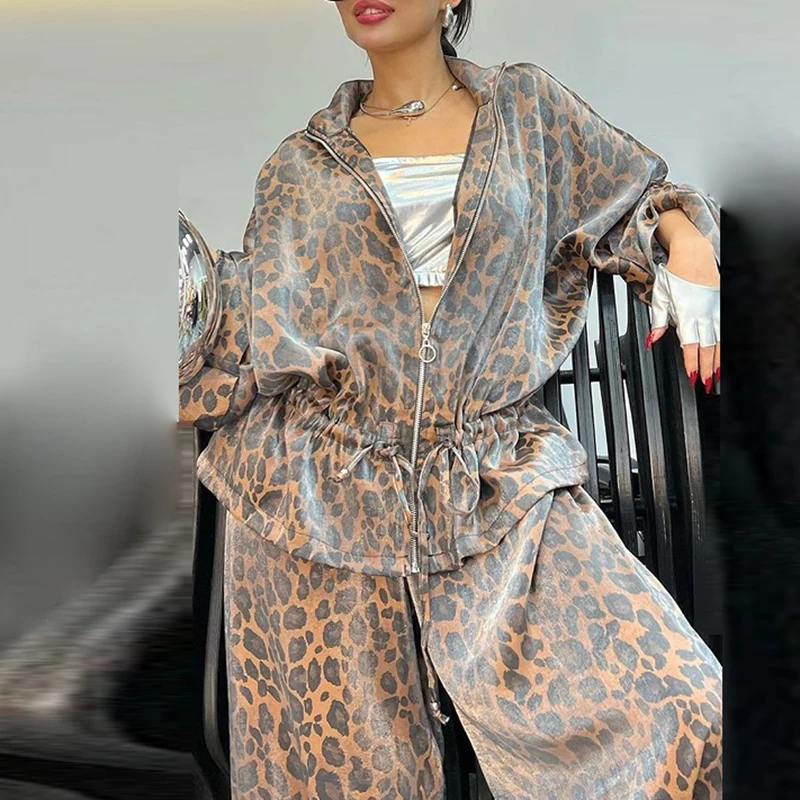 Fashion Leopard Print 2 piece Sets Women Fall Lapel Zipper Drawstring Shirt Coat & Wide-leg Pants Outfit Winter Long Sleeve Suit