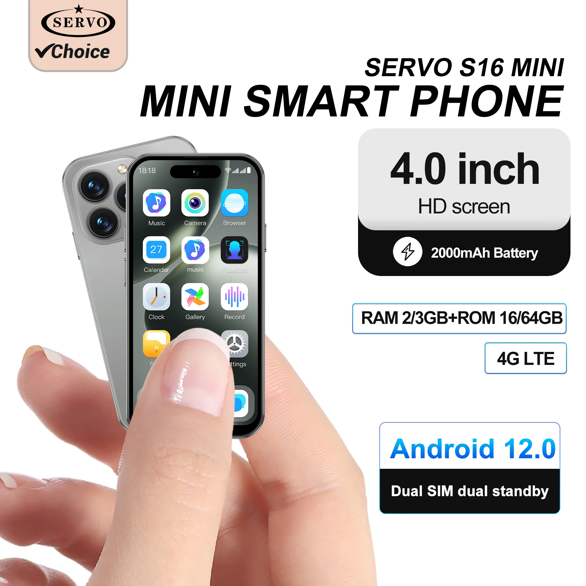 SERVO S16 Mini 4G LTE Mini Smartphone Android 12.0 16GB/64GB Google Play WiFi GPS Face Recognition Pocket Mobile Phone 4.0 inch