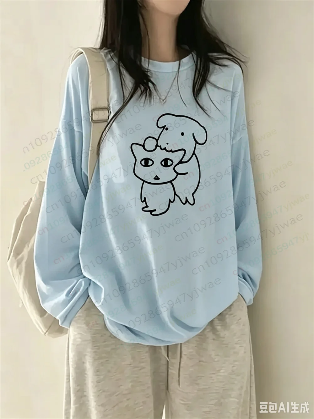 Korean Style Fun Graffiti Cute Puppy Graphic Print Long Sleeved T-Shirt Casual Street Wear Y2k Top Autumn Women'S T-Shirt