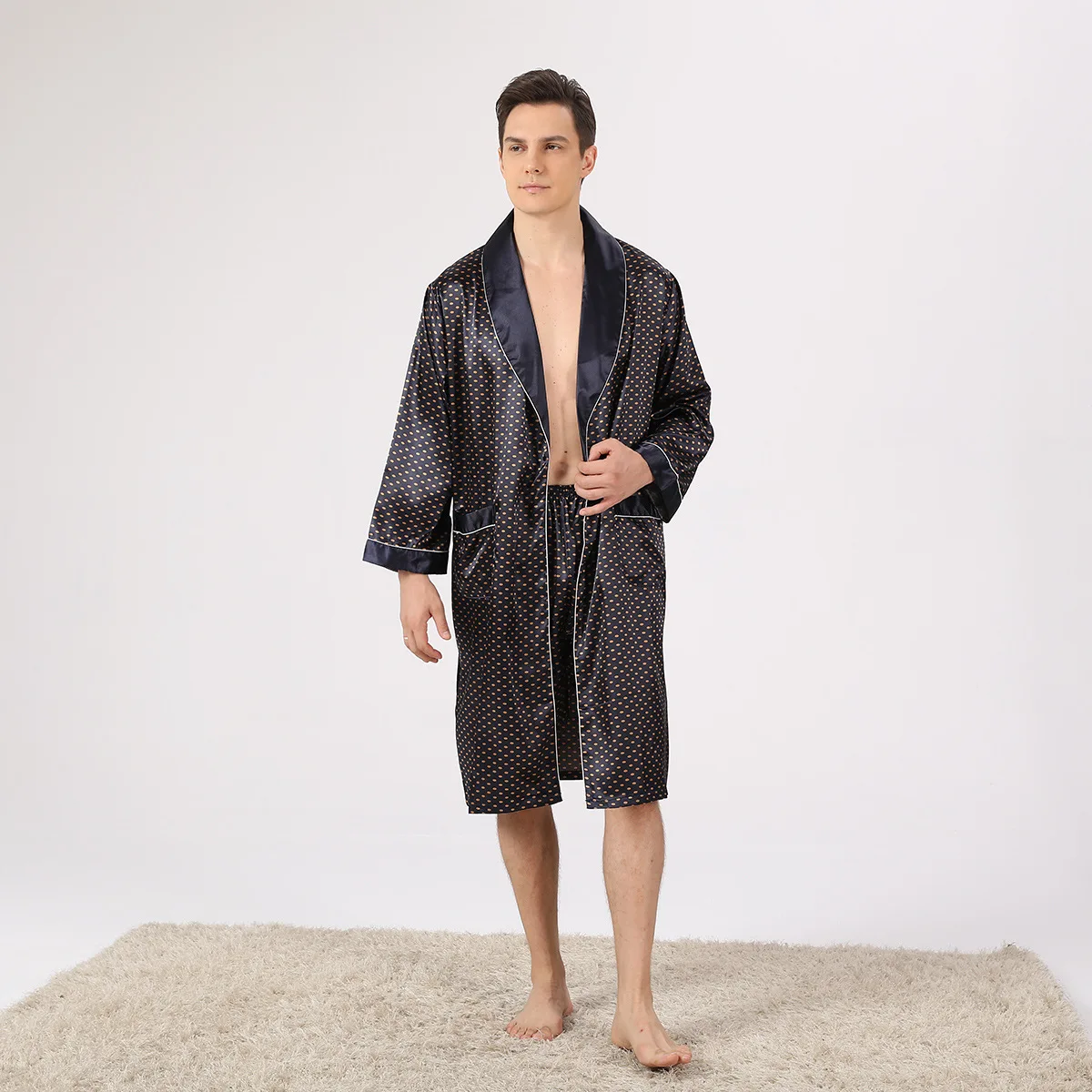 Plus Size 3Xl Kimono Men Home Clothes Satin Long Sleeve Robe Sets for Male Cardigan Bath Robe Bathrobe Gown Mens Robes Sleepwear
