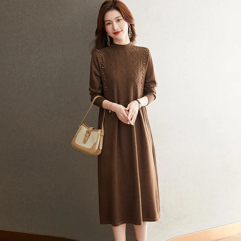 2025年秋冬新作 カシミヤニットワンピース レディース ハイネック ニットセーター ロングワンピース ゆったり プルオーバー 女性用ドレス