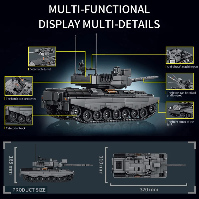 Military 916pcs Leopard 1 Main Battle Tank Model Building Blocks Bricks Set Assembly MOC Leopard I Tank Toys For Adult Gifts