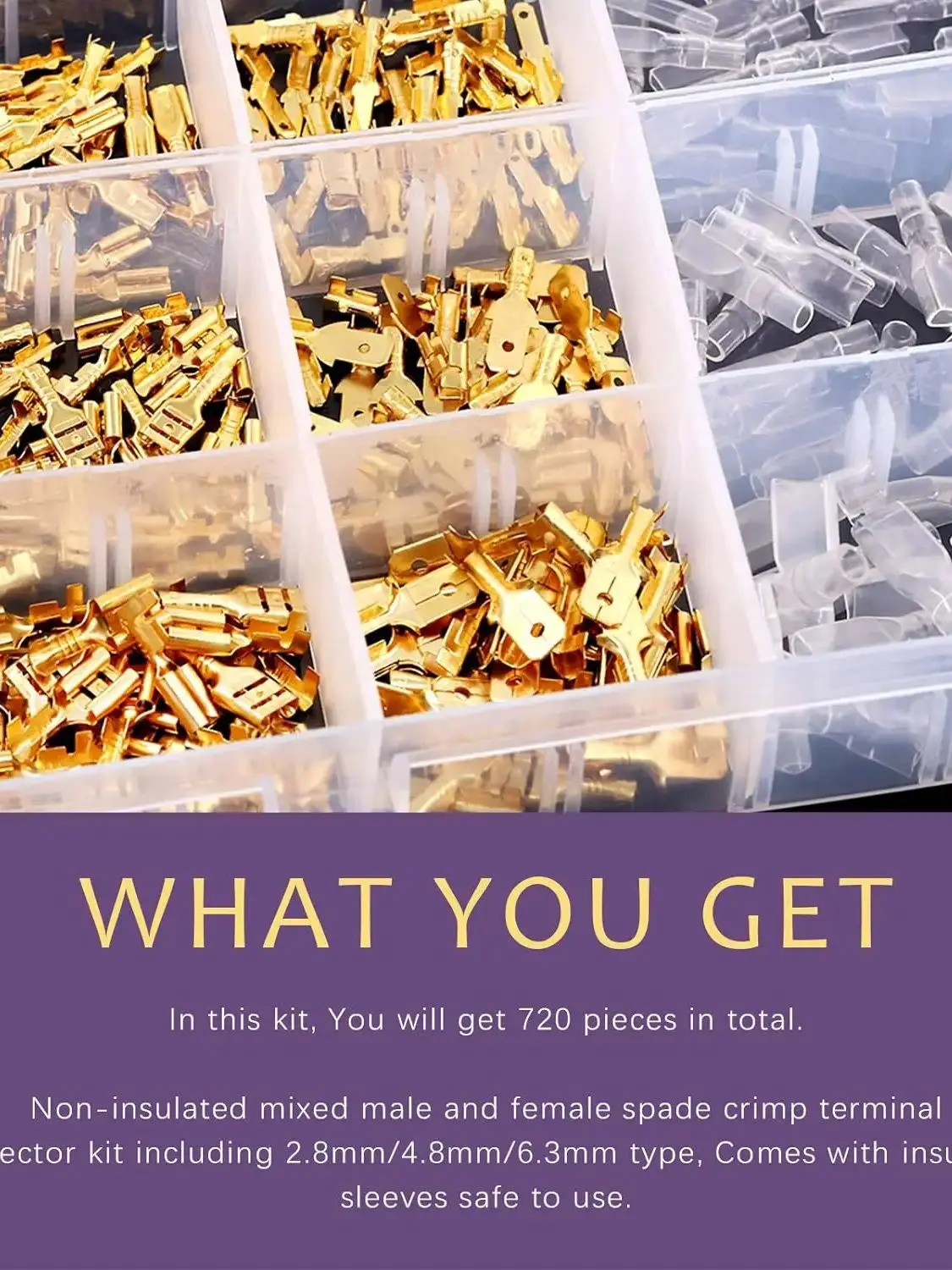 720 pièces or 2.8/4.8/6.3mm mâle et femelle connecteurs rapides fil bornier à sertir avec Kit d'assortiment de manchons isolants