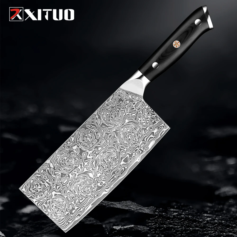 Damascus Meat Cleaver Butcher Knife Sharp Kitchen Vegetable Cleaver Chinese Chef Cooking Knife 7.5 Inch 67-Layer Damascus Steel