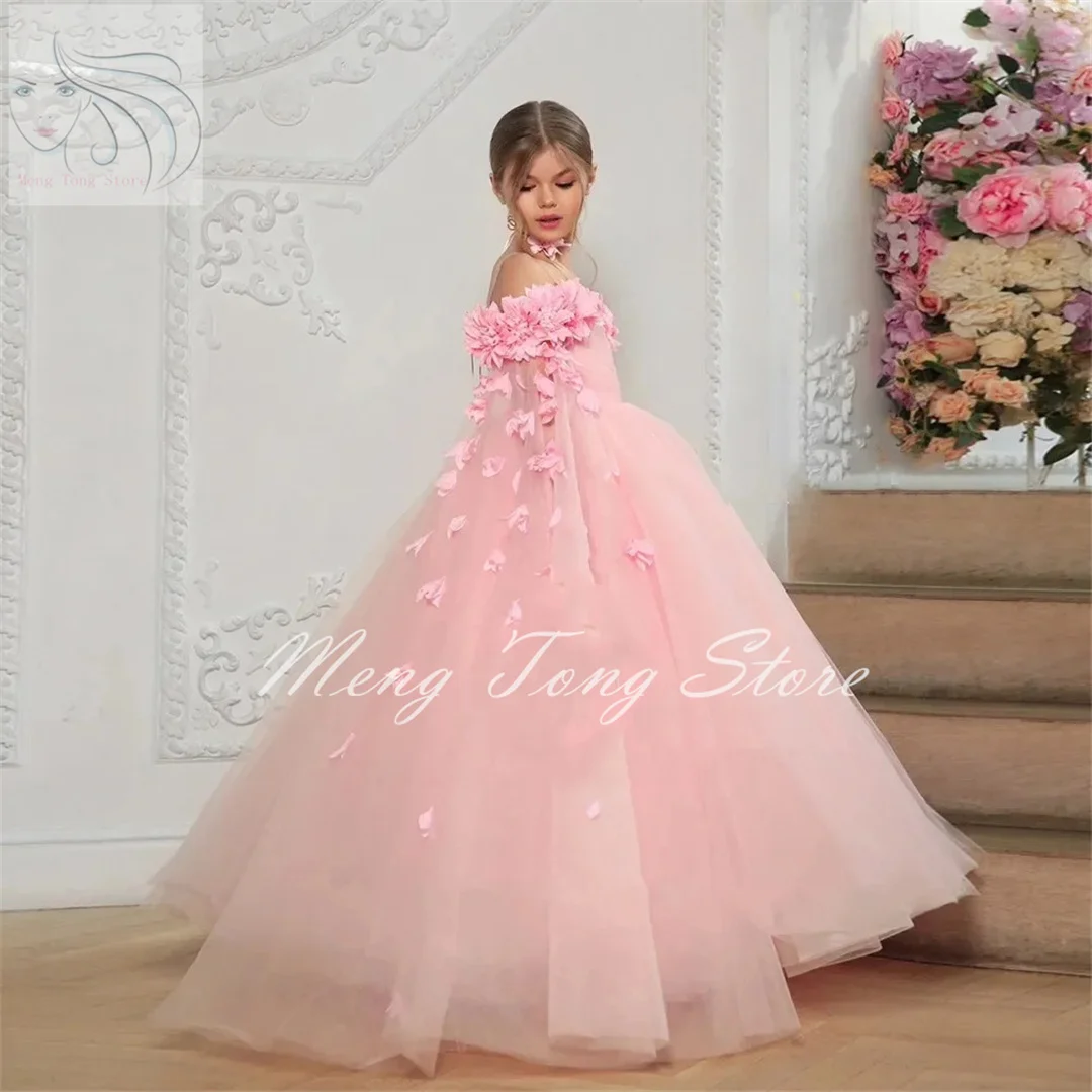 

Pink Flower Girl Dresses For Wedding Off Shoulder Tulle Puffy Applique Birthday Party Children Pageant First Communion Gowns