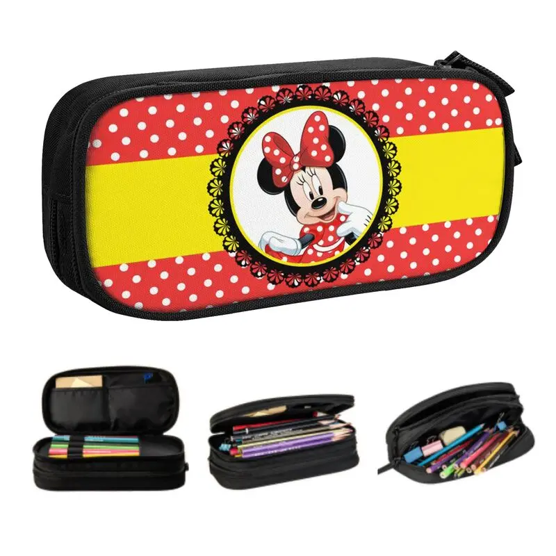 Custom Korean Minnie Mouse Polkadot Anime Pencil Cases for Girls Boys Large Capacity Pen Box Bag Stationery