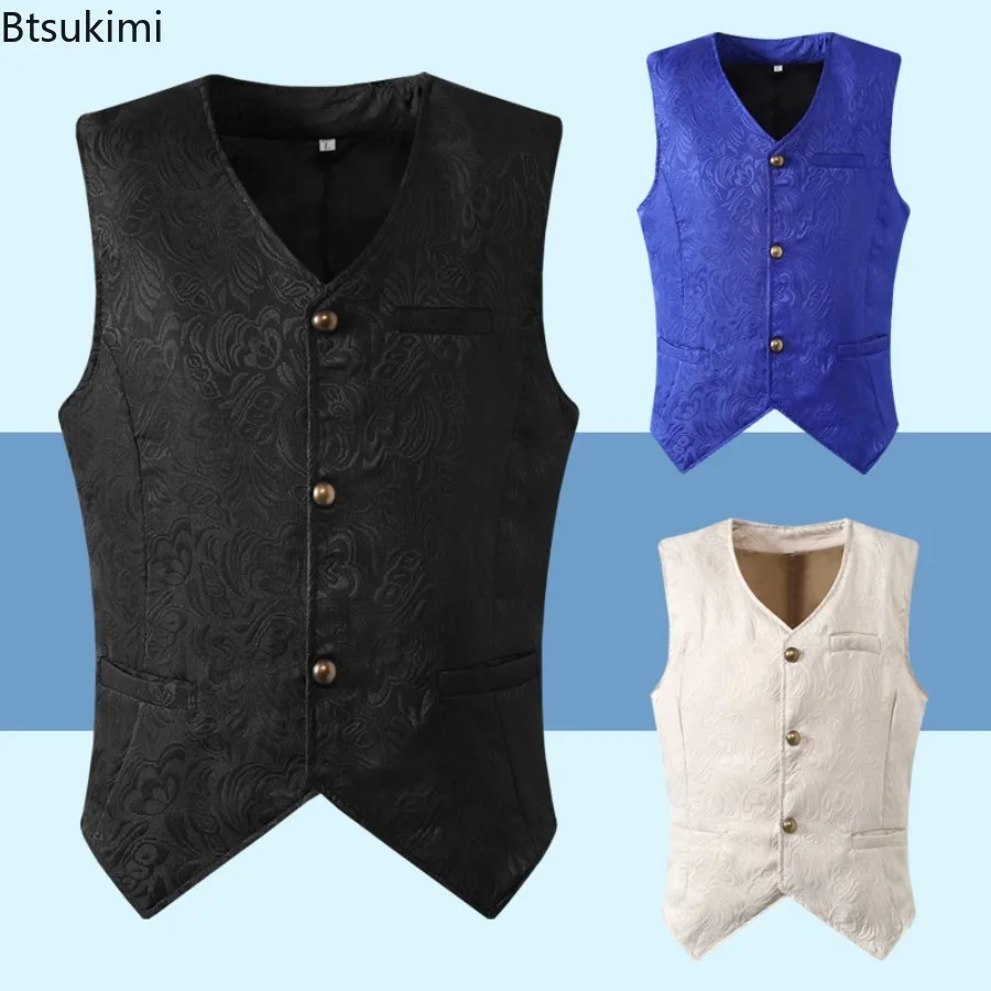 2026 Medieval Men Vest Renaissance Steampunk Coat Gothic Jacquard Waistcoat Single Breasted Retro Jacketcoat Halloween Costume